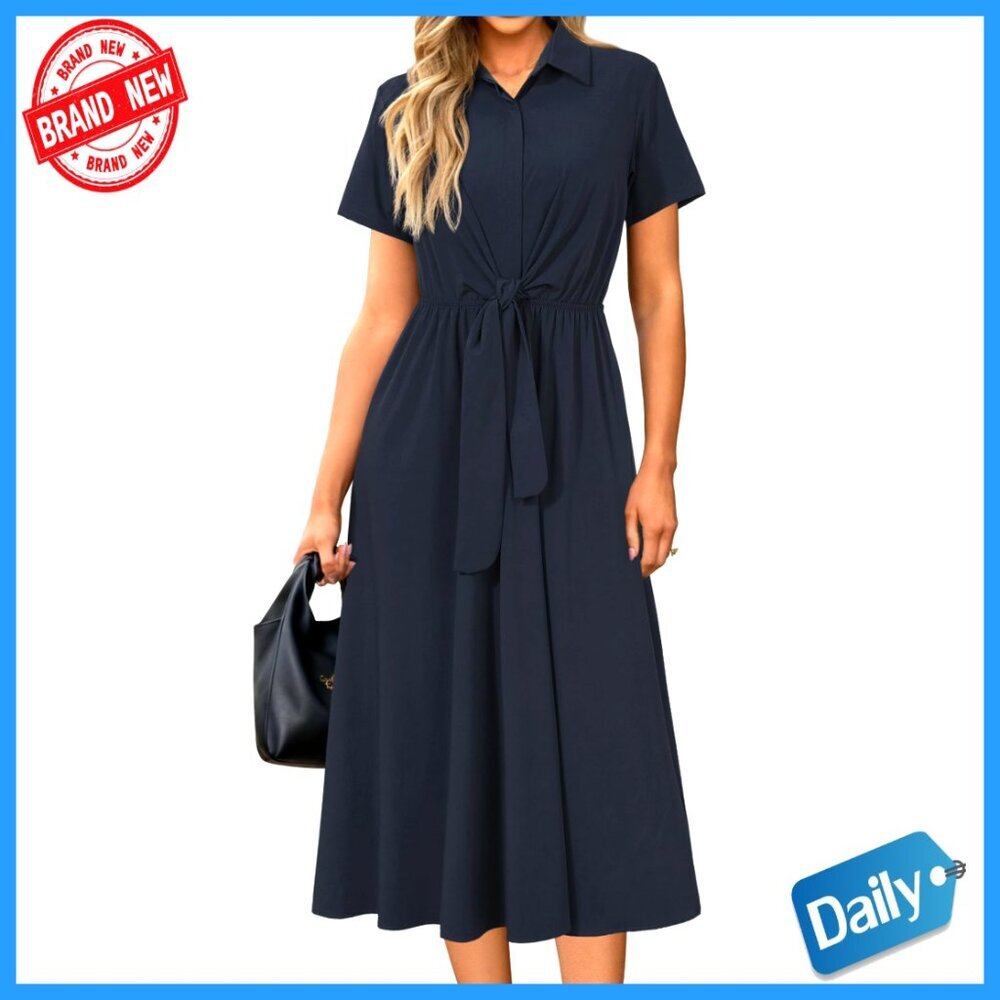 Long Sleeve Shirt Dress Tie Waist Work Attire Pockets Business Casual Chic